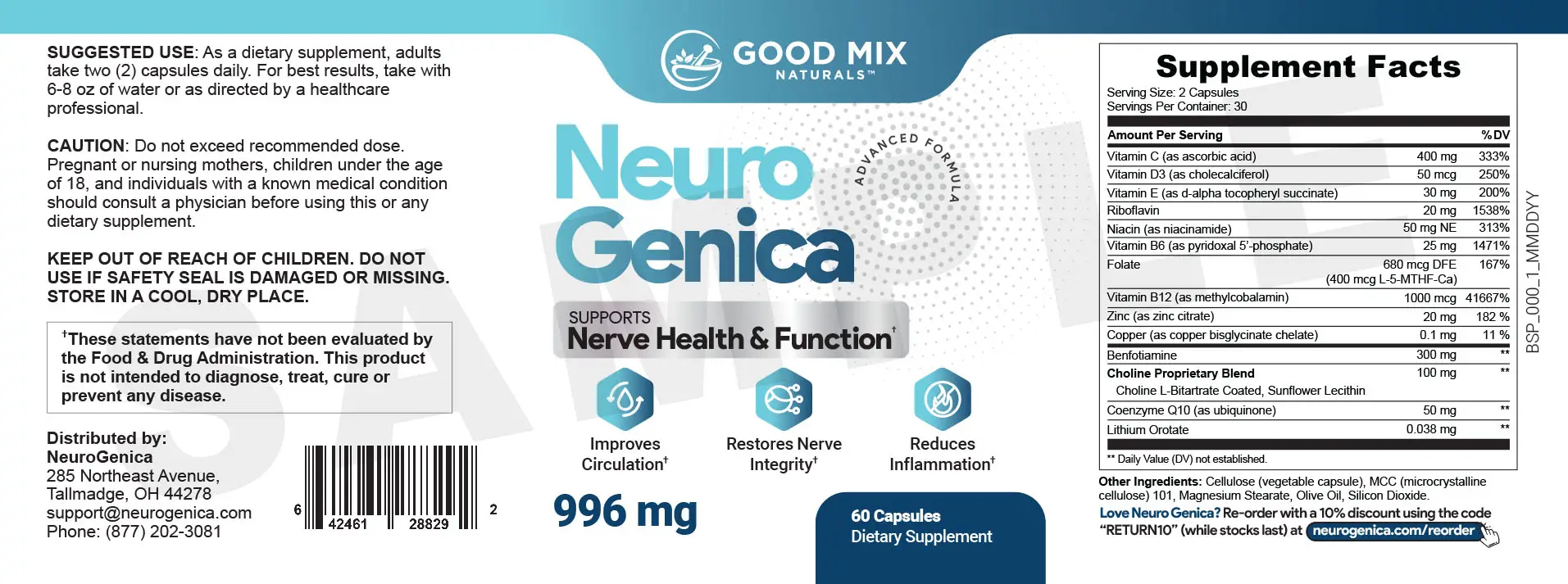 NeuroGenica supplement facts and formula label